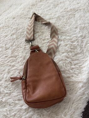 Anthropologie Tan Leather Sling Bag with Chevron Strap